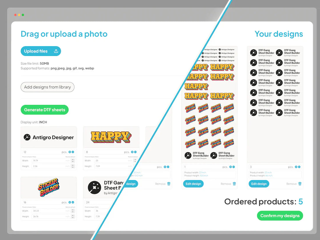 Beitragsbild: Der DTF-Builder von DTF-Blitz im Browser mit platzierten Designs