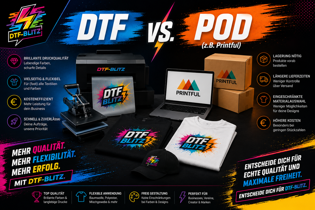 Beitragsbild: Vergleich – DTF selbst pressen oder Print-on-Demand-Dienst nutzen