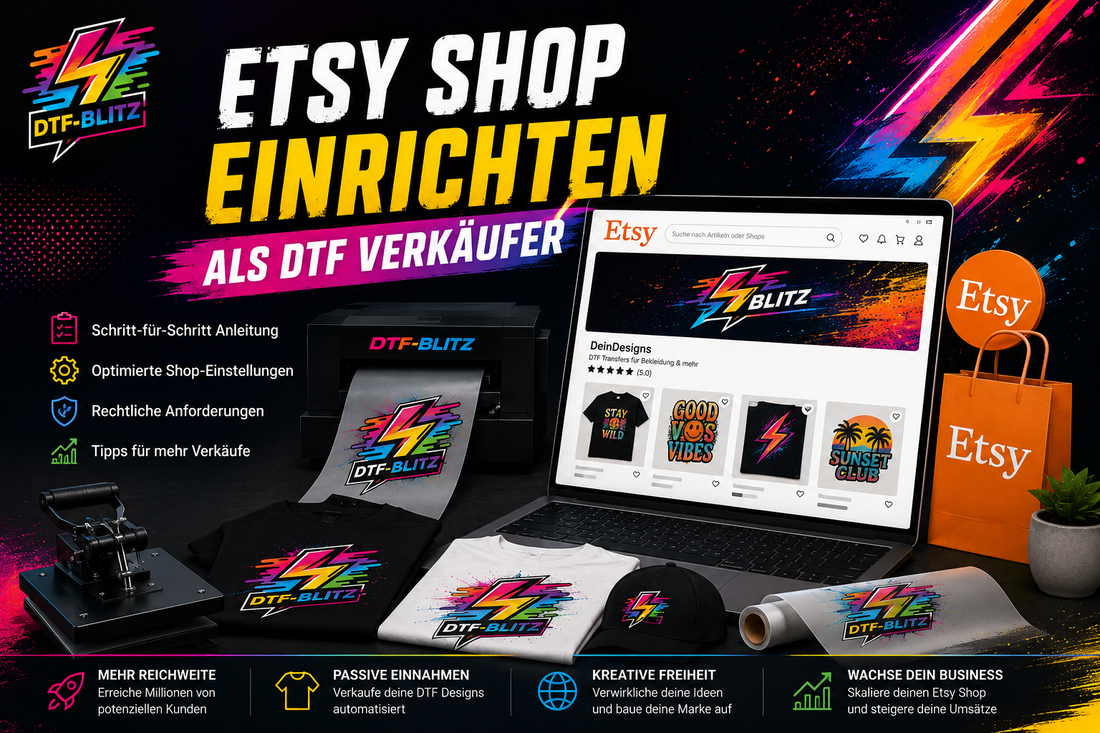 Beitragsbild: Etsy-Shop-Einrichtung als DTF-Verkäufer am Laptop