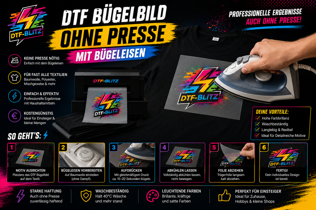 Beitragsbild: DTF-Bügelbild wird mit dem Bügeleisen aufgebracht