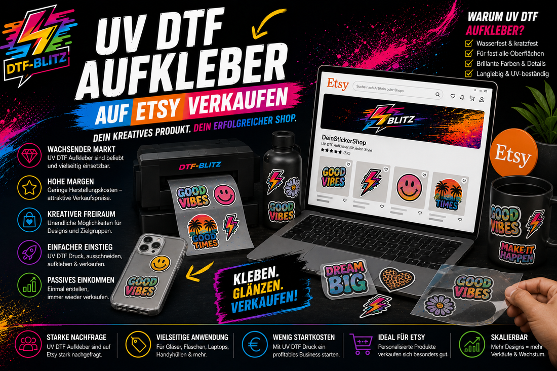 Beitragsbild: UV-DTF Rub-On-Aufkleber auf Produkten für den Etsy-Verkauf