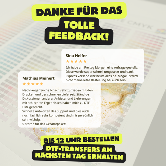 Beitragsbild: Kundenfeedback zu DTF-Blitz und Blitzversand