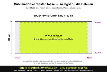 Formatskizze: Datei im Bogenformat 240 × 100 mm anlegen, Motiv innerhalb des Druckbereichs 210 × 95 mm