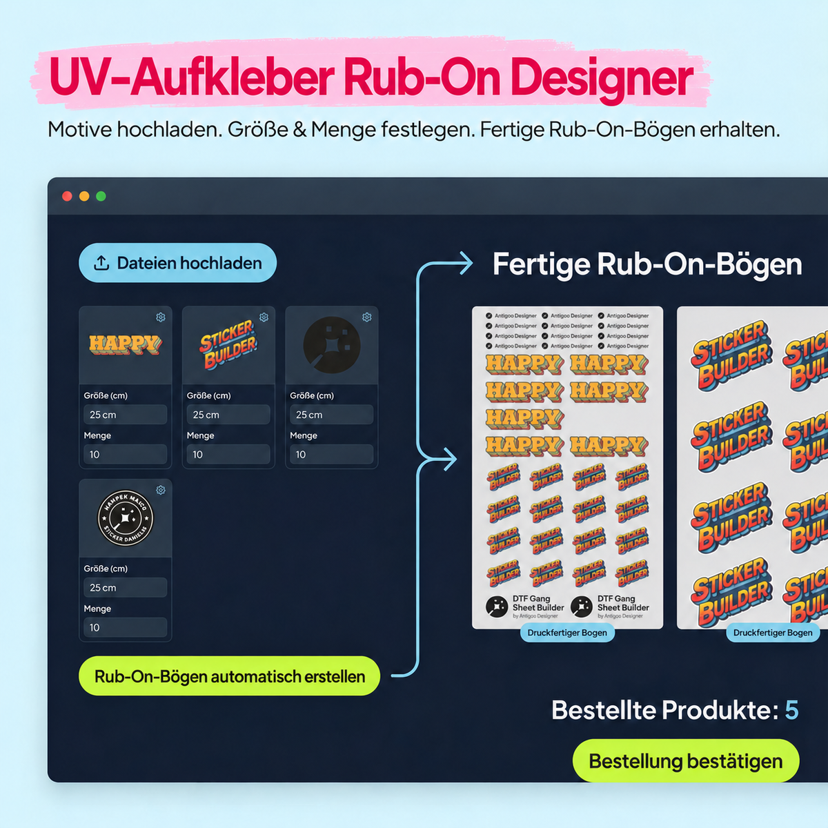 UV-Rub-On Designer: Motive hochladen, Größe und Menge festlegen, fertige Rub-On-Bögen erhalten